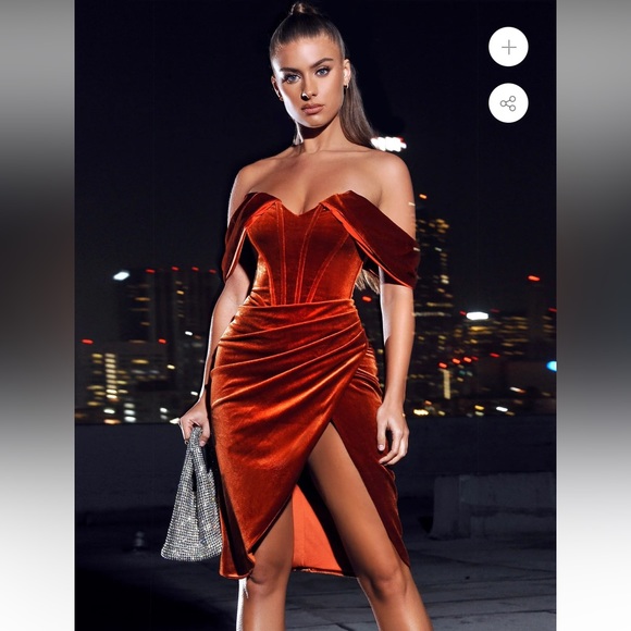 Miss Circle Omaria Tan Velvet Off Shoulder Corset Dress - Picture 1 of 11
